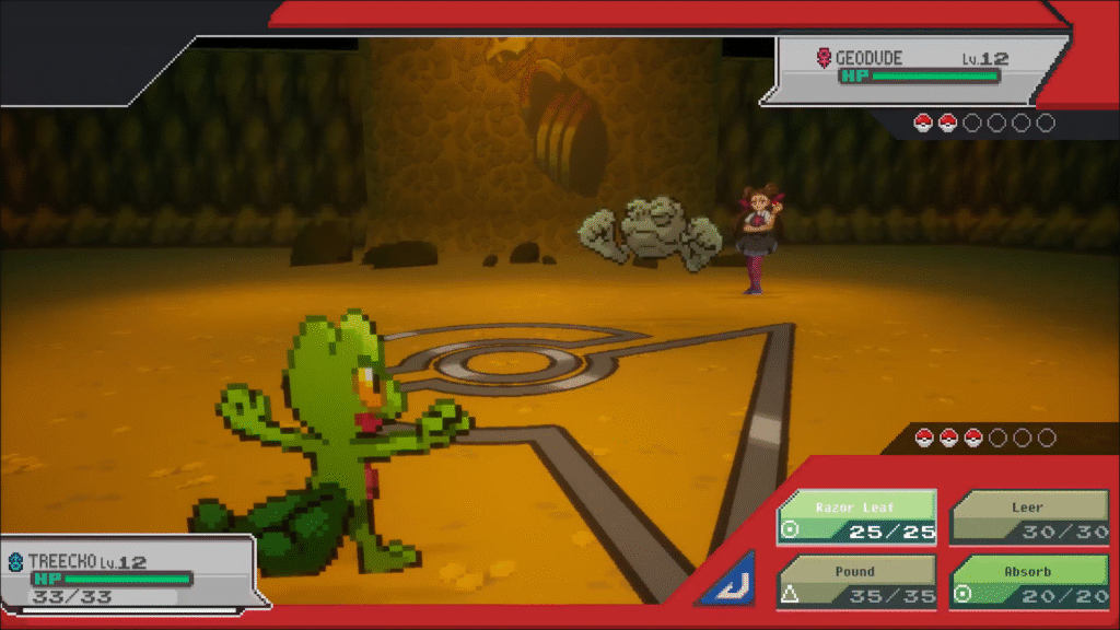 Battle screen in Pokemon Gamma Emerald showing UI elements like health bars and move selection menu during Roxanne's gym battle.