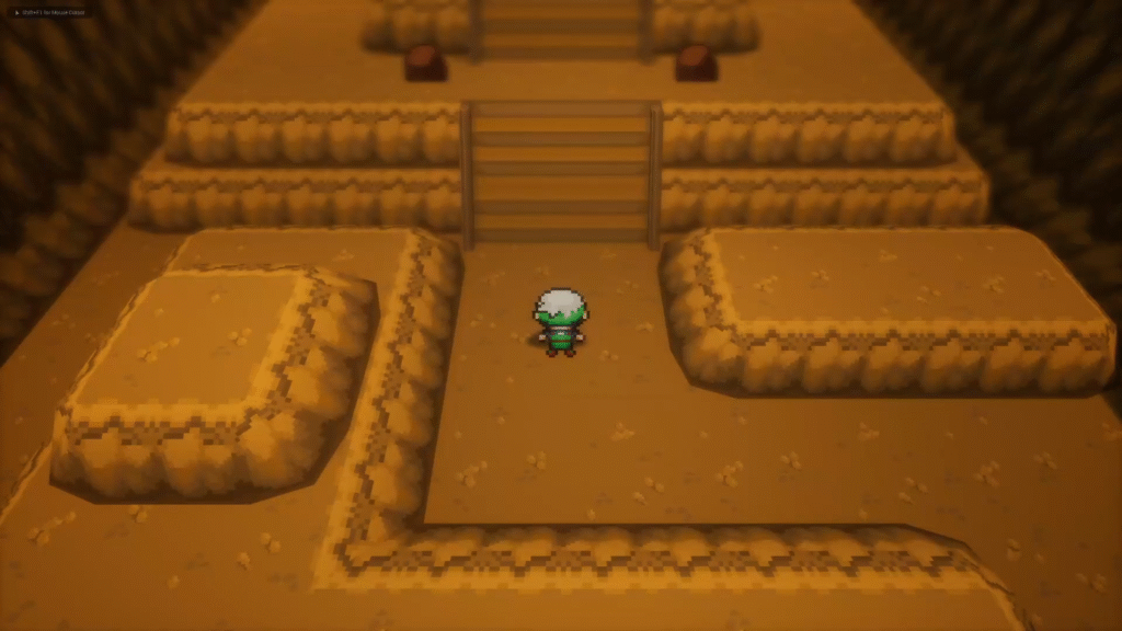 Inside the gym in Pokemon Gamma Emerald, showing glowing tiles, lighting effects, and HD-2D environment design.