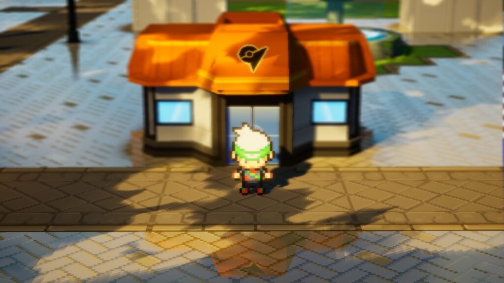 Outside view of the first gym in Pokemon Gamma Emerald showing the building’s bright colors and detailed HD-2D style design.