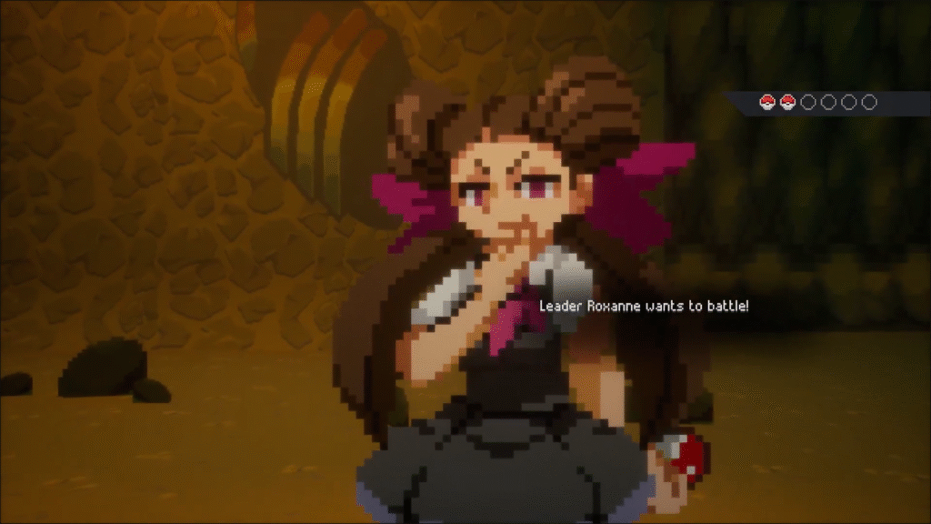 Roxanne enters the battle as the first Gym Leader in Pokemon Gamma Emerald, standing inside the HD-2D style gym arena.