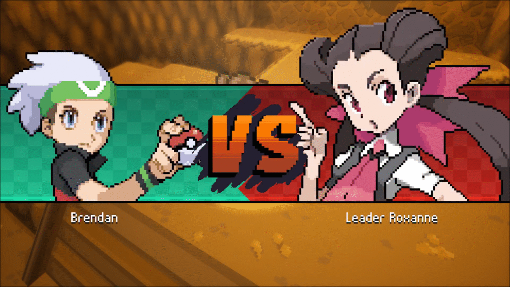 Roxanne enters the battle as the first Gym Leader in Pokemon Gamma Emerald, standing inside the HD-2D style gym arena.